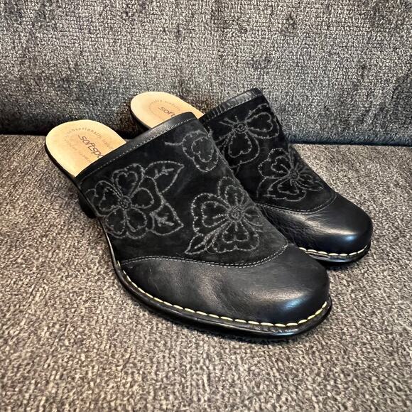 Softspots Leather Mules Clogs Womens Sz 8.5 Black Suede Floral Western Boho Chic - Picture 1 of 9